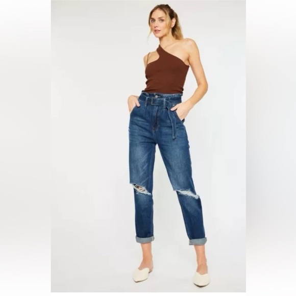 KanCan Denim - KanCan Ultra High Rise Belted Paperbag Mom Jeans  Denim Dark Wash Size 15/31